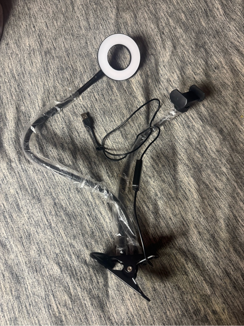 Black Clip-On LED Ring Light with Flexible Gooseneck and Phone Mount